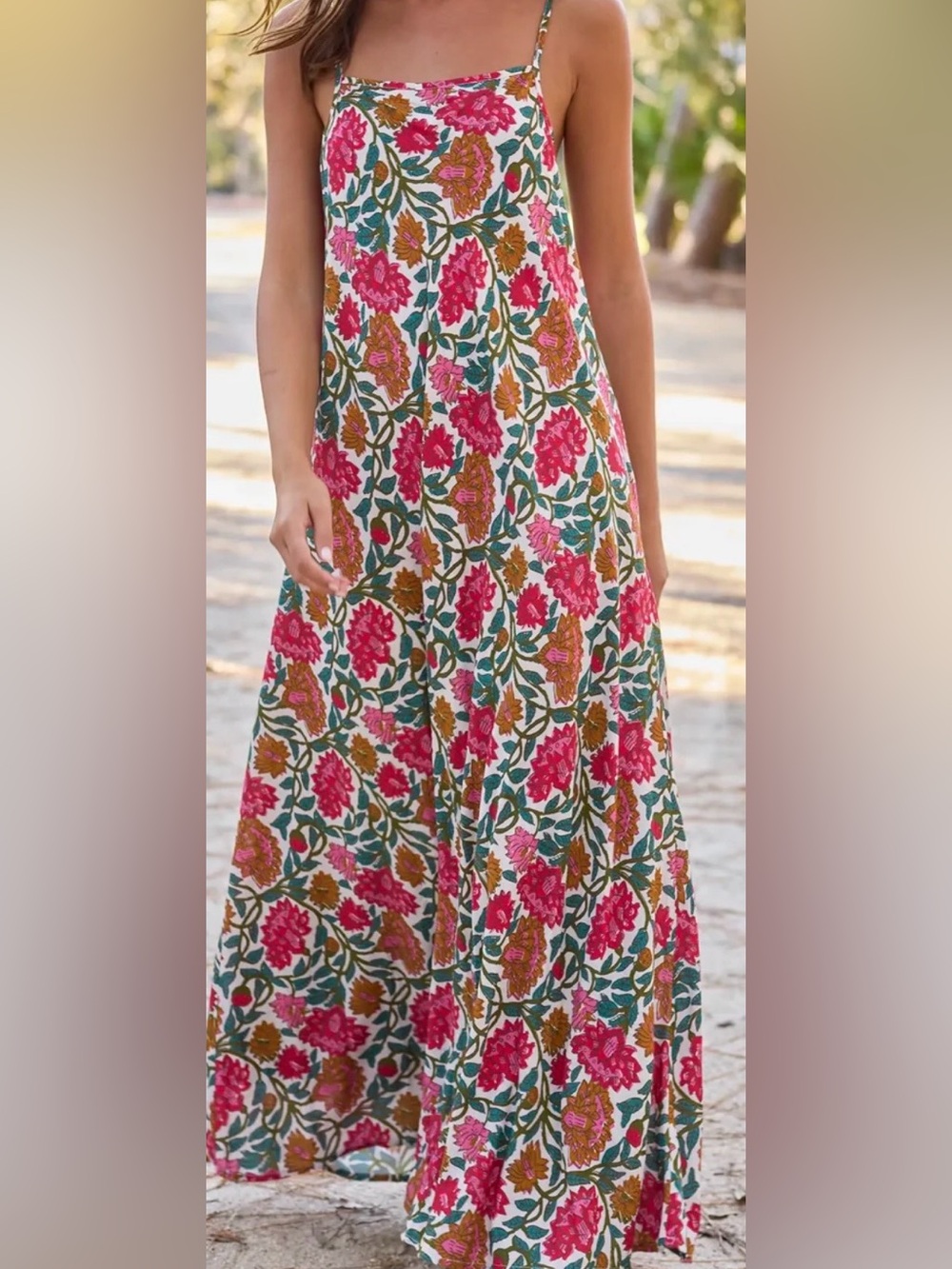 NATURAL LIFE Pink Floral Spaghetti-Strap Maxi Dress with Green Leaves